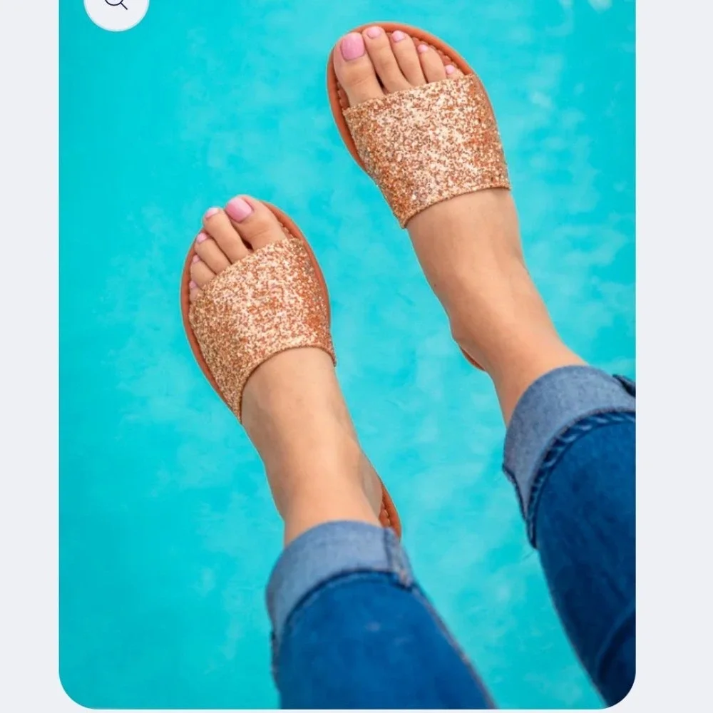 Everglades Rose Gold Glitter Slide Sandals Women Size‎ 8 Sparkly Flat Slip On